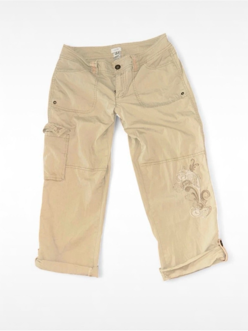Cache Khaki Y2K Low Rise Utility Capris Floral Paisley Embroidery